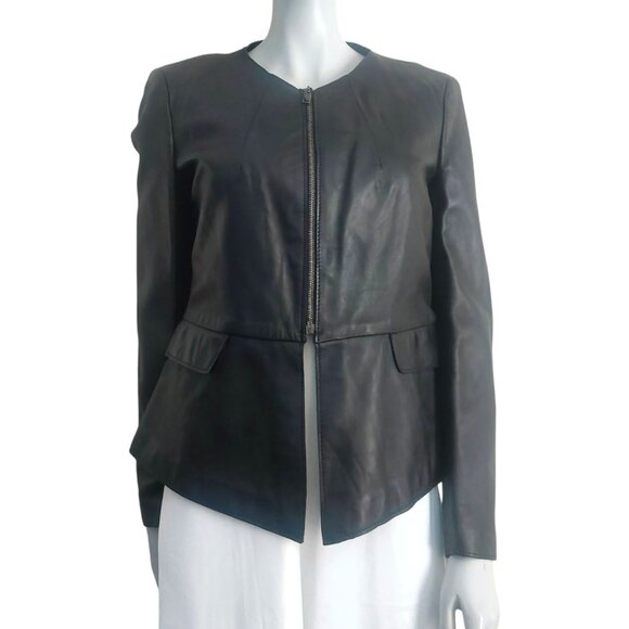 Zara Jackets & Blazers - NWT ZARA Leather Jacket L Black Collarless Dressy Workwear Edgy Zip Up Pockets